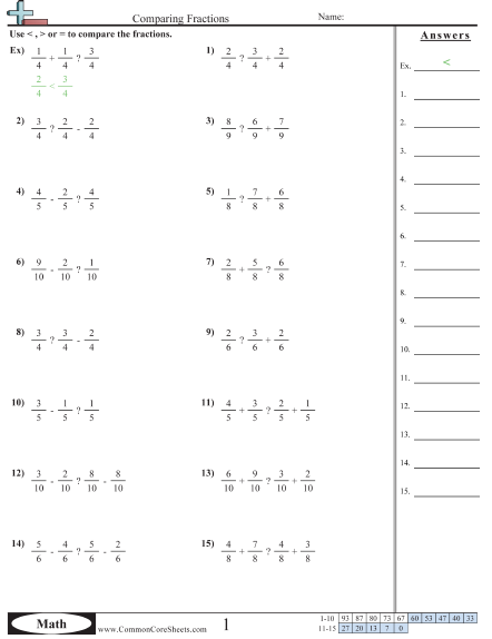 Comparing Fractions with Addition & Subtraction Worksheet - Comparing Fractions  worksheet
